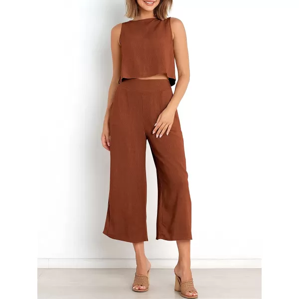 imageANRABESS Womens Summer 2 Piece Outfits Sleeveless Tank Crop Button Back Top Cropped Wide Leg Pants Set PocketsBrick Red