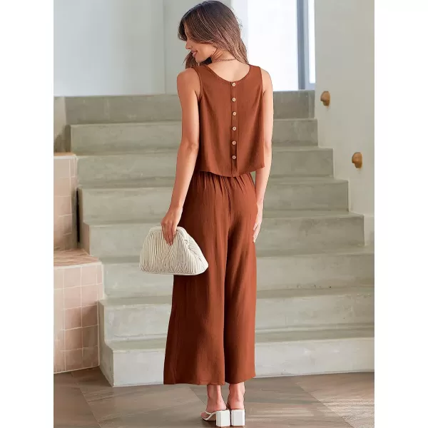 imageANRABESS Womens Summer 2 Piece Outfits Sleeveless Tank Crop Button Back Top Cropped Wide Leg Pants Set PocketsBrick Red