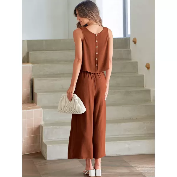 imageANRABESS Womens Summer 2 Piece Outfits Sleeveless Tank Crop Button Back Top Cropped Wide Leg Pants Set PocketsBrick Red
