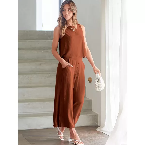 imageANRABESS Womens Summer 2 Piece Outfits Sleeveless Tank Crop Button Back Top Cropped Wide Leg Pants Set PocketsBrick Red