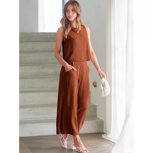 imageANRABESS Womens Summer 2 Piece Outfits Sleeveless Tank Crop Button Back Top Cropped Wide Leg Pants Set PocketsBrick Red