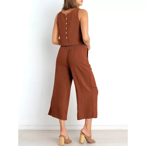 imageANRABESS Womens Summer 2 Piece Outfits Sleeveless Tank Crop Button Back Top Cropped Wide Leg Pants Set PocketsBrick Red