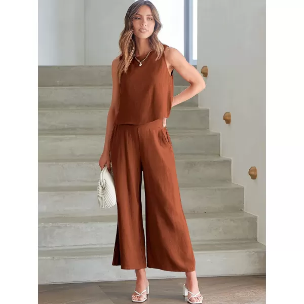 imageANRABESS Womens Summer 2 Piece Outfits Sleeveless Tank Crop Button Back Top Cropped Wide Leg Pants Set PocketsBrick Red