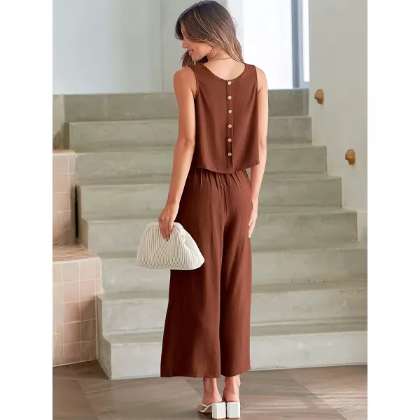 imageANRABESS Womens Summer 2 Piece Outfits Sleeveless Tank Crop Button Back Top Cropped Wide Leg Pants Set PocketsBrown
