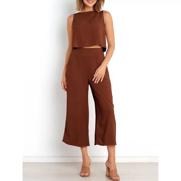 imageANRABESS Womens Summer 2 Piece Outfits Sleeveless Tank Crop Button Back Top Cropped Wide Leg Pants Set PocketsBrown