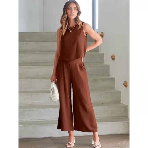 imageANRABESS Womens Summer 2 Piece Outfits Sleeveless Tank Crop Button Back Top Cropped Wide Leg Pants Set PocketsBrown
