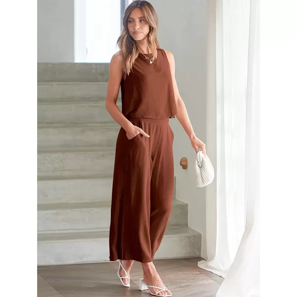 imageANRABESS Womens Summer 2 Piece Outfits Sleeveless Tank Crop Button Back Top Cropped Wide Leg Pants Set PocketsBrown