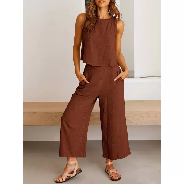 imageANRABESS Womens Summer 2 Piece Outfits Sleeveless Tank Crop Button Back Top Cropped Wide Leg Pants Set PocketsBrown