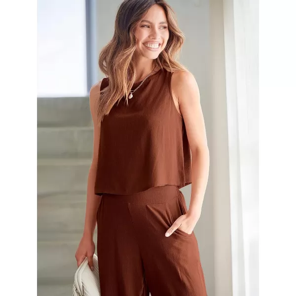 imageANRABESS Womens Summer 2 Piece Outfits Sleeveless Tank Crop Button Back Top Cropped Wide Leg Pants Set PocketsBrown