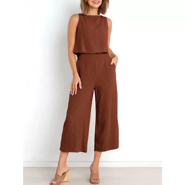 imageANRABESS Womens Summer 2 Piece Outfits Sleeveless Tank Crop Button Back Top Cropped Wide Leg Pants Set PocketsBrown