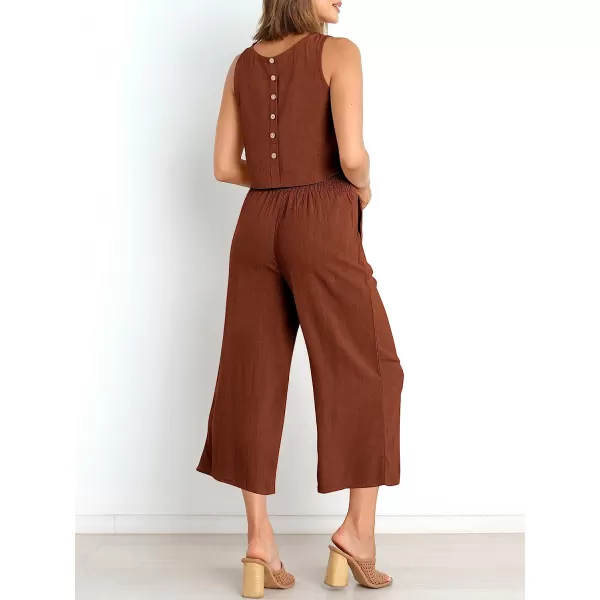 imageANRABESS Womens Summer 2 Piece Outfits Sleeveless Tank Crop Button Back Top Cropped Wide Leg Pants Set PocketsBrown