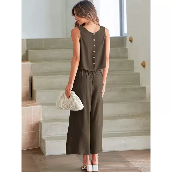 imageANRABESS Womens Summer 2 Piece Outfits Sleeveless Tank Crop Button Back Top Cropped Wide Leg Pants Set PocketsCoffee