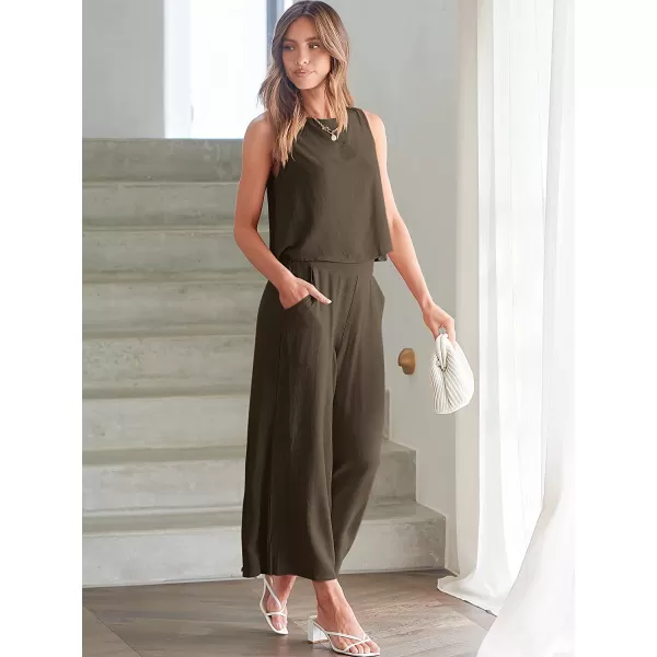 imageANRABESS Womens Summer 2 Piece Outfits Sleeveless Tank Crop Button Back Top Cropped Wide Leg Pants Set PocketsCoffee