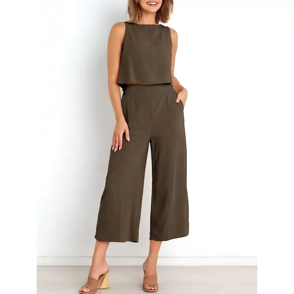 imageANRABESS Womens Summer 2 Piece Outfits Sleeveless Tank Crop Button Back Top Cropped Wide Leg Pants Set PocketsCoffee