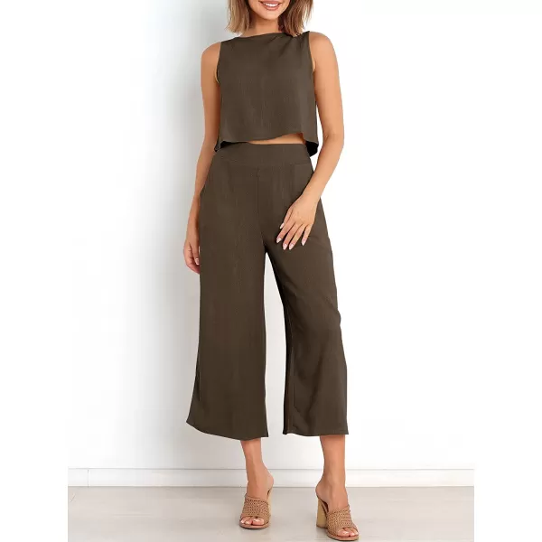 imageANRABESS Womens Summer 2 Piece Outfits Sleeveless Tank Crop Button Back Top Cropped Wide Leg Pants Set PocketsCoffee
