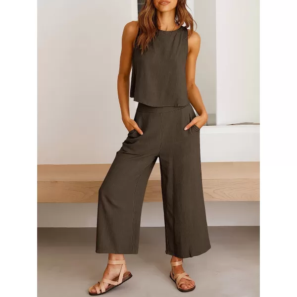 imageANRABESS Womens Summer 2 Piece Outfits Sleeveless Tank Crop Button Back Top Cropped Wide Leg Pants Set PocketsCoffee