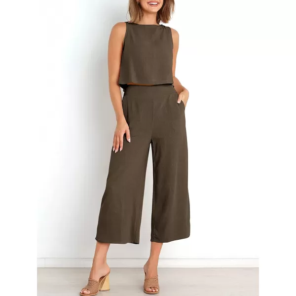 imageANRABESS Womens Summer 2 Piece Outfits Sleeveless Tank Crop Button Back Top Cropped Wide Leg Pants Set PocketsCoffee