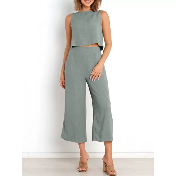 imageANRABESS Womens Summer 2 Piece Outfits Sleeveless Tank Crop Button Back Top Cropped Wide Leg Pants Set PocketsCyan Gray