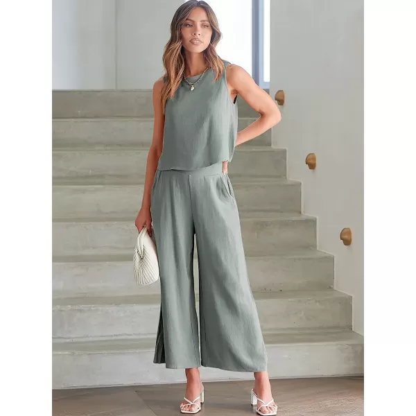 imageANRABESS Womens Summer 2 Piece Outfits Sleeveless Tank Crop Button Back Top Cropped Wide Leg Pants Set PocketsCyan Gray