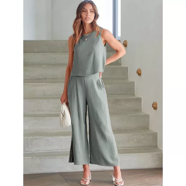 imageANRABESS Womens Summer 2 Piece Outfits Sleeveless Tank Crop Button Back Top Cropped Wide Leg Pants Set PocketsCyan Gray