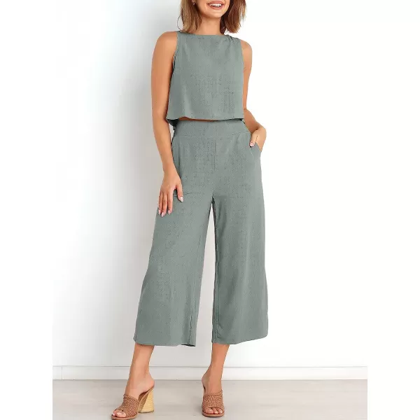 imageANRABESS Womens Summer 2 Piece Outfits Sleeveless Tank Crop Button Back Top Cropped Wide Leg Pants Set PocketsCyan Gray