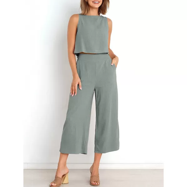 imageANRABESS Womens Summer 2 Piece Outfits Sleeveless Tank Crop Button Back Top Cropped Wide Leg Pants Set PocketsCyan Gray