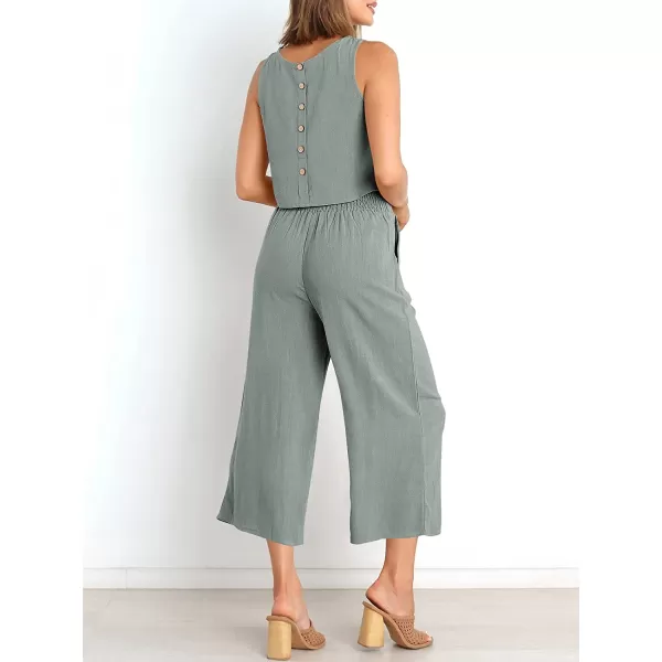 imageANRABESS Womens Summer 2 Piece Outfits Sleeveless Tank Crop Button Back Top Cropped Wide Leg Pants Set PocketsCyan Gray