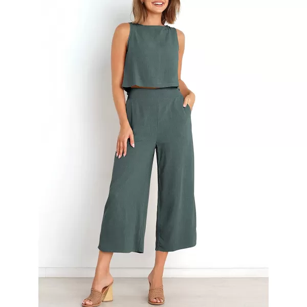 imageANRABESS Womens Summer 2 Piece Outfits Sleeveless Tank Crop Button Back Top Cropped Wide Leg Pants Set PocketsDark Gray