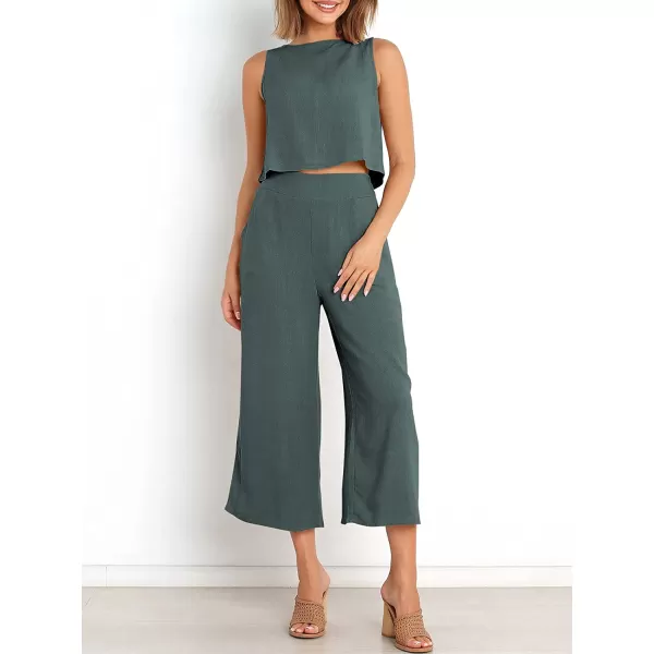imageANRABESS Womens Summer 2 Piece Outfits Sleeveless Tank Crop Button Back Top Cropped Wide Leg Pants Set PocketsDark Gray