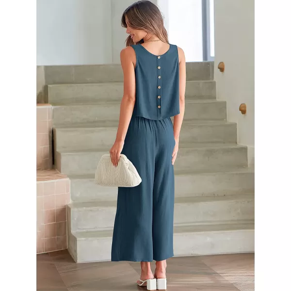 imageANRABESS Womens Summer 2 Piece Outfits Sleeveless Tank Crop Button Back Top Cropped Wide Leg Pants Set PocketsDeep Blue