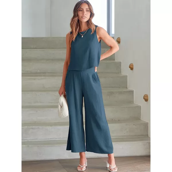 imageANRABESS Womens Summer 2 Piece Outfits Sleeveless Tank Crop Button Back Top Cropped Wide Leg Pants Set PocketsDeep Blue