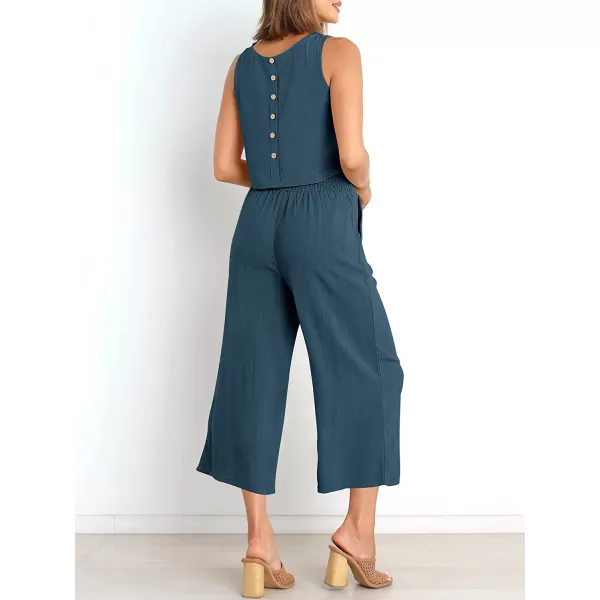 imageANRABESS Womens Summer 2 Piece Outfits Sleeveless Tank Crop Button Back Top Cropped Wide Leg Pants Set PocketsDeep Blue