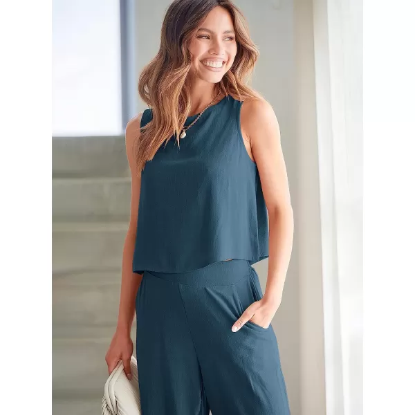 imageANRABESS Womens Summer 2 Piece Outfits Sleeveless Tank Crop Button Back Top Cropped Wide Leg Pants Set PocketsDeep Blue