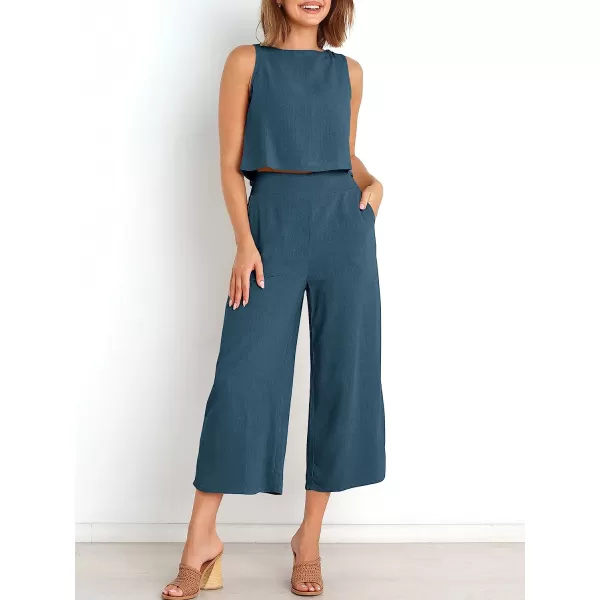 imageANRABESS Womens Summer 2 Piece Outfits Sleeveless Tank Crop Button Back Top Cropped Wide Leg Pants Set PocketsDeep Blue