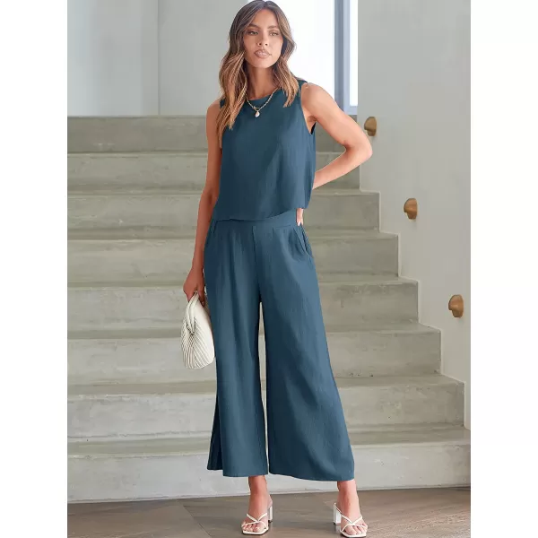 imageANRABESS Womens Summer 2 Piece Outfits Sleeveless Tank Crop Button Back Top Cropped Wide Leg Pants Set PocketsDeep Blue