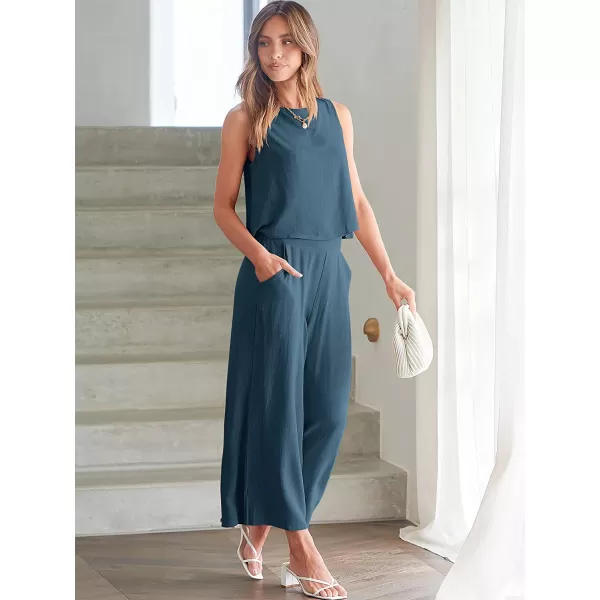 imageANRABESS Womens Summer 2 Piece Outfits Sleeveless Tank Crop Button Back Top Cropped Wide Leg Pants Set PocketsDeep Blue