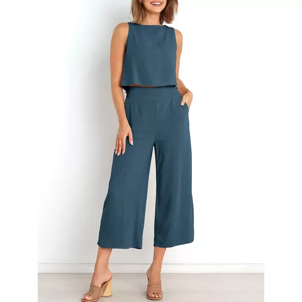 imageANRABESS Womens Summer 2 Piece Outfits Sleeveless Tank Crop Button Back Top Cropped Wide Leg Pants Set PocketsDeep Blue