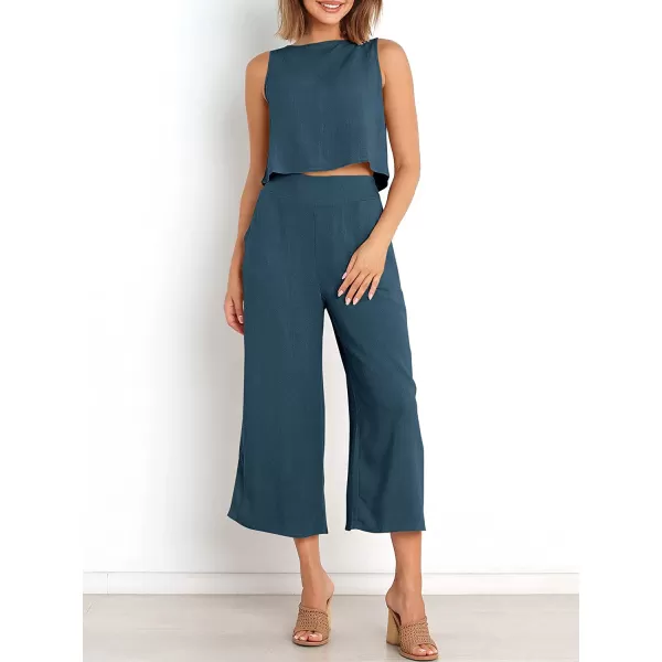 imageANRABESS Womens Summer 2 Piece Outfits Sleeveless Tank Crop Button Back Top Cropped Wide Leg Pants Set PocketsDeep Blue