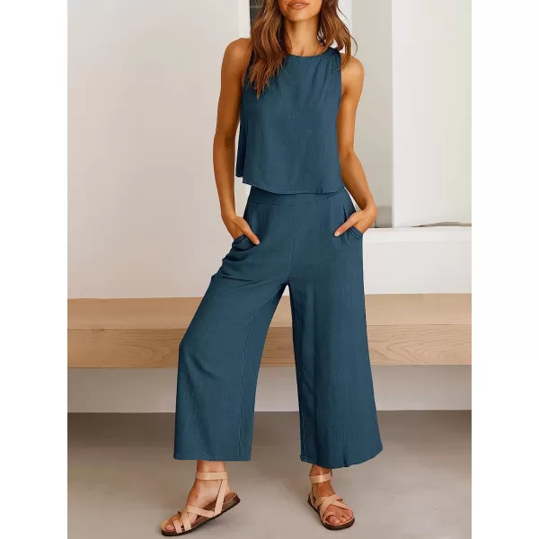 imageANRABESS Womens Summer 2 Piece Outfits Sleeveless Tank Crop Button Back Top Cropped Wide Leg Pants Set PocketsDeep Blue