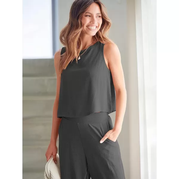 imageANRABESS Womens Summer 2 Piece Outfits Sleeveless Tank Crop Button Back Top Cropped Wide Leg Pants Set PocketsGray