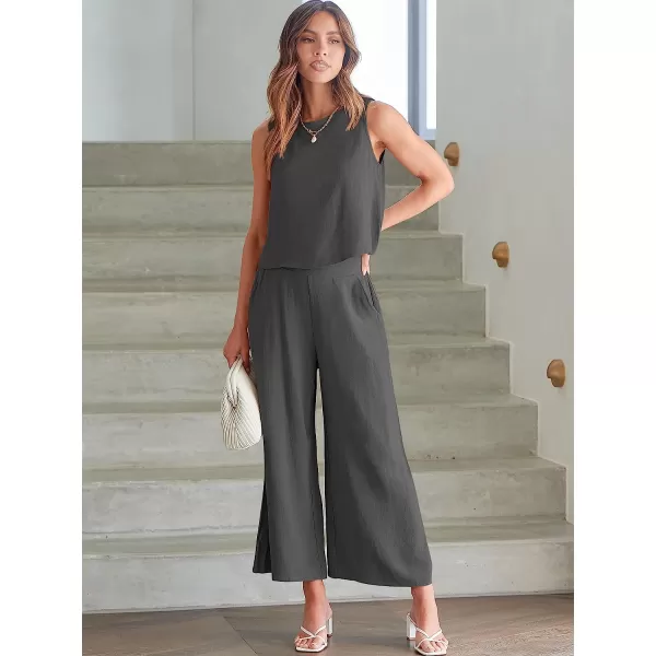 imageANRABESS Womens Summer 2 Piece Outfits Sleeveless Tank Crop Button Back Top Cropped Wide Leg Pants Set PocketsGray