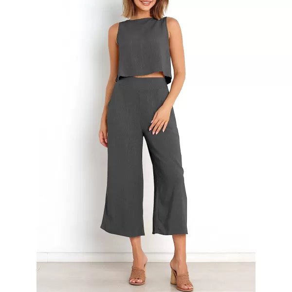 imageANRABESS Womens Summer 2 Piece Outfits Sleeveless Tank Crop Button Back Top Cropped Wide Leg Pants Set PocketsGray