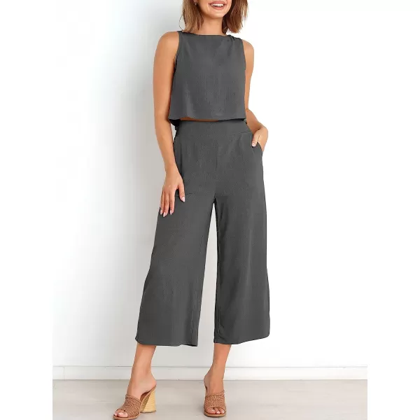 imageANRABESS Womens Summer 2 Piece Outfits Sleeveless Tank Crop Button Back Top Cropped Wide Leg Pants Set PocketsGray