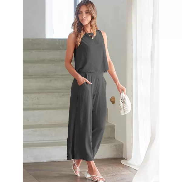 imageANRABESS Womens Summer 2 Piece Outfits Sleeveless Tank Crop Button Back Top Cropped Wide Leg Pants Set PocketsGray