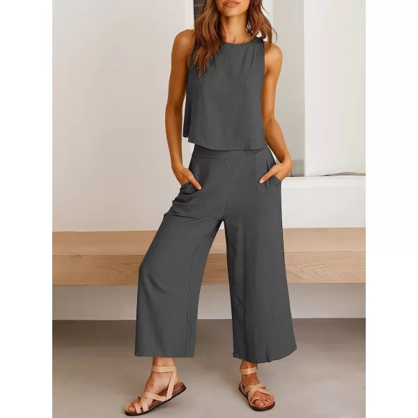 imageANRABESS Womens Summer 2 Piece Outfits Sleeveless Tank Crop Button Back Top Cropped Wide Leg Pants Set PocketsGray