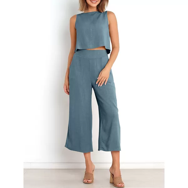 imageANRABESS Womens Summer 2 Piece Outfits Sleeveless Tank Crop Button Back Top Cropped Wide Leg Pants Set PocketsGray Blue