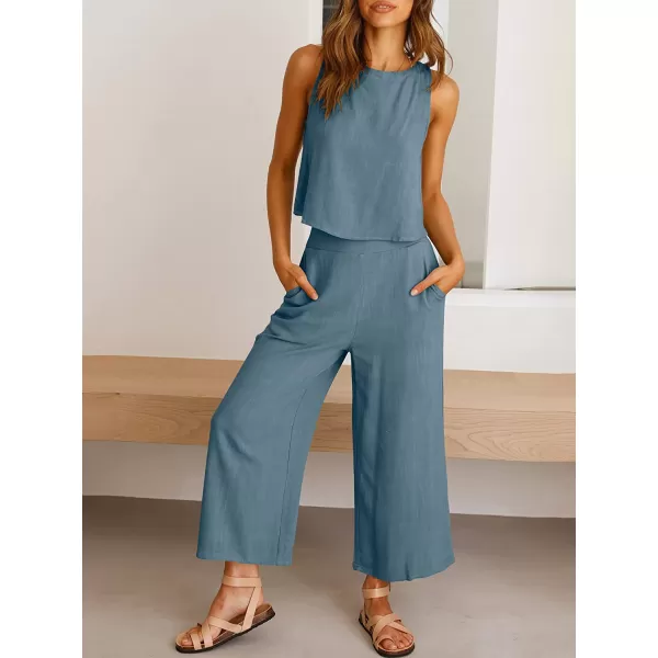 imageANRABESS Womens Summer 2 Piece Outfits Sleeveless Tank Crop Button Back Top Cropped Wide Leg Pants Set PocketsGray Blue