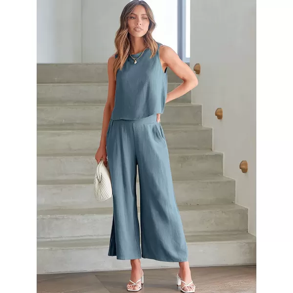 imageANRABESS Womens Summer 2 Piece Outfits Sleeveless Tank Crop Button Back Top Cropped Wide Leg Pants Set PocketsGray Blue