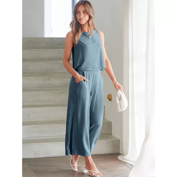 imageANRABESS Womens Summer 2 Piece Outfits Sleeveless Tank Crop Button Back Top Cropped Wide Leg Pants Set PocketsGray Blue