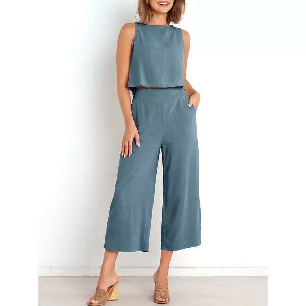 imageANRABESS Womens Summer 2 Piece Outfits Sleeveless Tank Crop Button Back Top Cropped Wide Leg Pants Set PocketsGray Blue